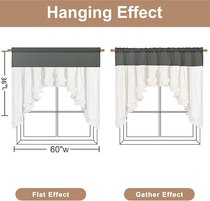 Likiyol Linen Valances for Windows Farmhouse Ruffle Swag Valance Rustic Country Window Valances Light Filtering Kitchen Curtains Rod Pocket Valance Curtains for Bathroom Cafe, Grey White, 60"W x 36"L - Image 3