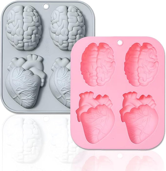 2 Pack 3D Human Brain Heart Silicone Molds, MaehSab Realistic Halloween Organ Shapes Molds for Chocolate, Pudding, Dessert, Jelly, Handmade Soap, Candle, Cake, Resin Craft Supplies