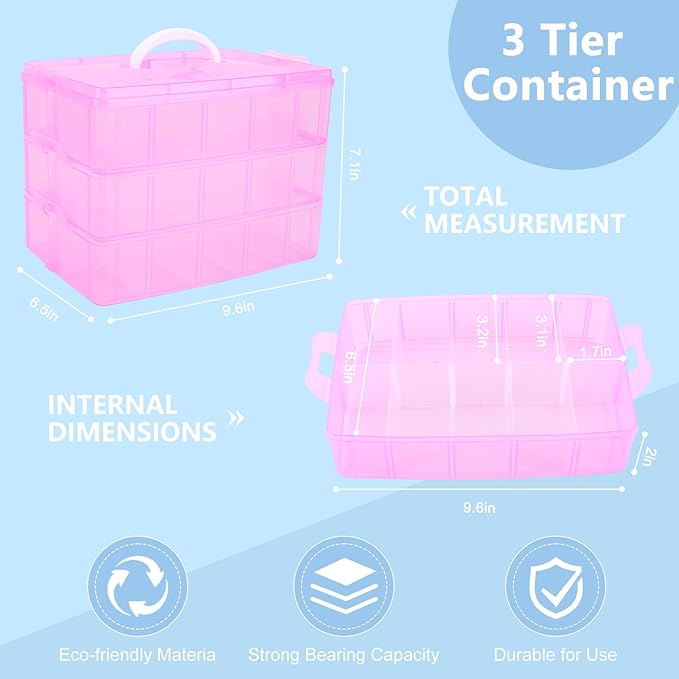 Large Stackable Craft Storage Containers, 3 Layers Hair Accessories Organizers Box with Adjustable Compartments, Plastic Bead Organizer Case for Art Supplies, Jewelry, Toys, Nail, Embroidery