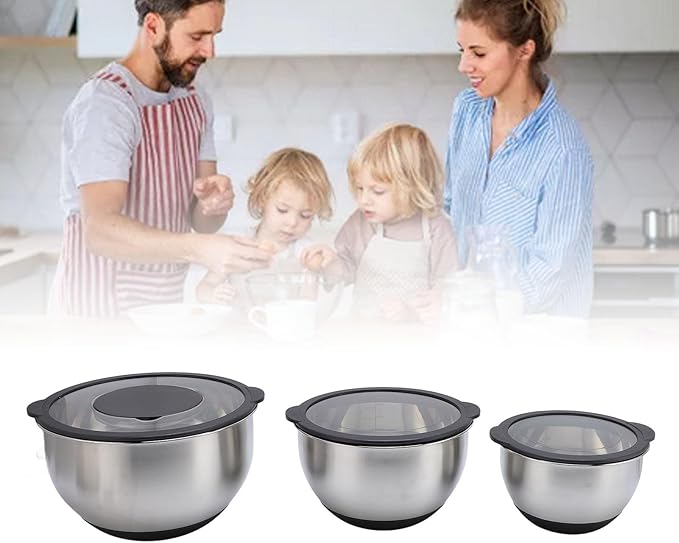 Asixxsix 3PCS Mixing Bowls with Lids Set and 3PCS Graters, Stainless Steel Nesting Bowls, Easy to Use Nesting Salad Bowl for Food Baking, Mixing, Serving, Storing