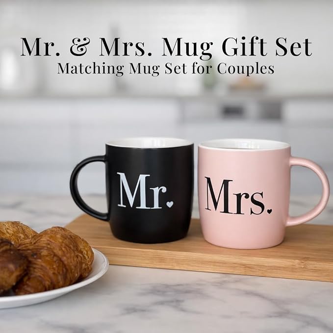 Triple Gifffted Mr and Mrs Coffee Mugs Couples Gifts Ideas for Wedding Anniversary Engagement Valentines Christmas His Hers Present Husband Wife Him Her Men Women, Bride Groom Newlyweds, Ceramic 13Oz - Image 2