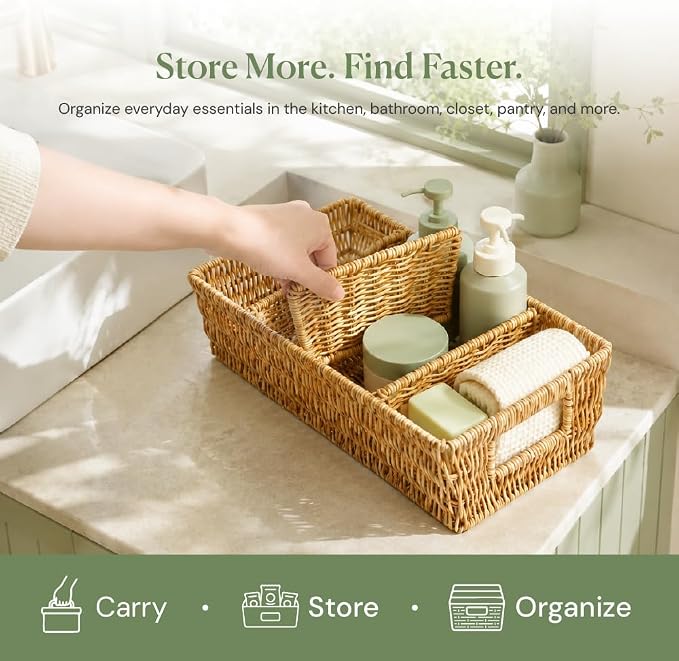 Nature-Inspired Rattan Pantry Organizer Baskets Set of 2 with 3 Removable Dividers – Handwoven Storage Bins for Kitchen or Bathroom Organization, Ideal for Snacks, Coffee & Tea (13” x 7.3” x 3.7”) - Image 8