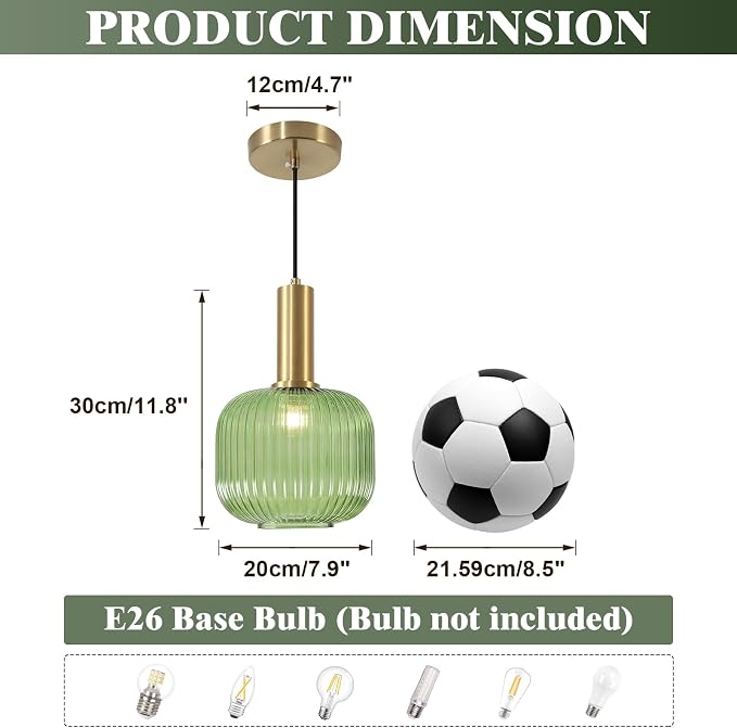 KCO Small Brushed Brass Gold 7.9” Vintage Green Ribbed Glass Pendant Light | E26 Base, Mid Century Modern Adjustable Hanging Light Fixture for Sloped Ceiling Kitchen Island Sink Bedroom Dining Hallway - Image 2
