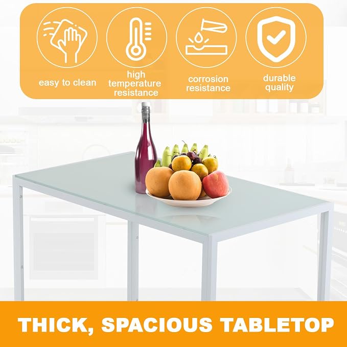 FDW | 5-Piece Dining Table Set | White | Glass Kitchen Table with 4 Upholstered Chairs and Faux Leather Cushions | Space-Saving and Modern Design | for Dining Room, Easy to Assemble - Image 6