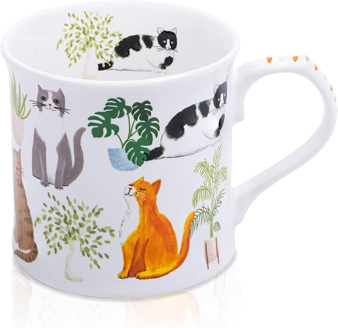 Cute Cats & Plants Coffee Mug - 12 oz Fine New Bone China Coffee Tea Cup with Kitten Design, Cat Mom Gifts for Women, Holiday Gift for Cat Lovers & Friends, Designed in England by Harvest Green Studio by MFoffice