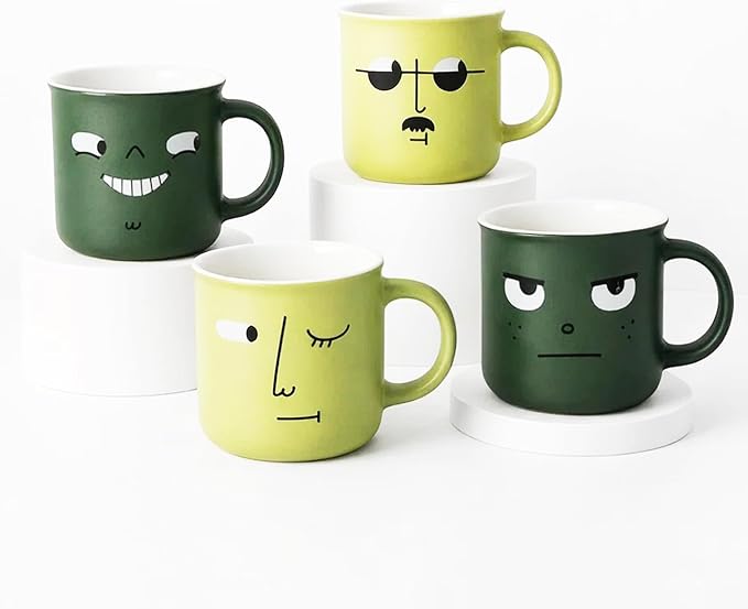 Funny Coffee Mugs Set of 4 - Large 13oz Ceramic Funny Face Mugs, Coffee Cups for Coffee, Tea & Latte, Birthday, Office & White Elephant Gift, Microwave & Dishwasher Safe by Unknown