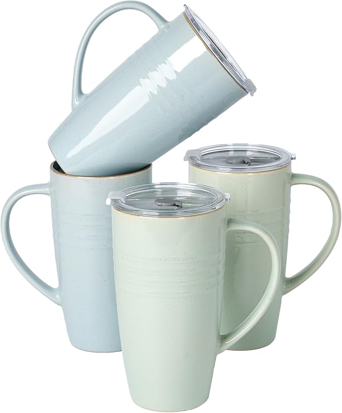 famiware Jupiter Large Coffee Mug, 20oz Coffee Mug with Lid, Ceramic Mugs Set of 4, Cup Set with Handle for Latte, Tea, Cocoa, Milk, Microwave and Dishwasher Safe, Light Blue and Light Green by Famiware