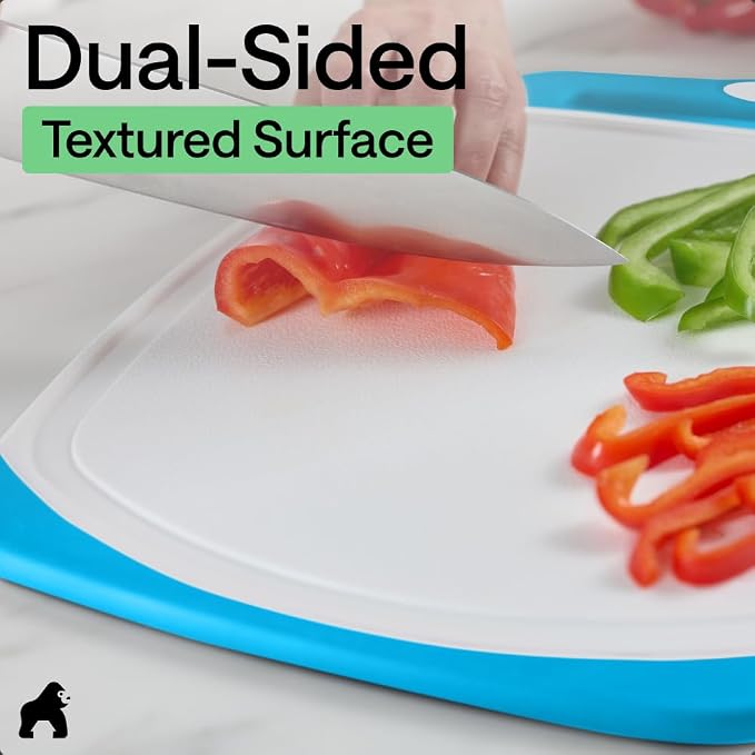 GORILLA GRIP BPA-Free Reversible Kitchen Cutting Board Set of 3, US Designed, Nonporous, Juice Grooves Catch Liquid, Slip Resistant Border, Dishwasher Safe Large Food Chopping Boards, Black Aqua Gray - Image 6
