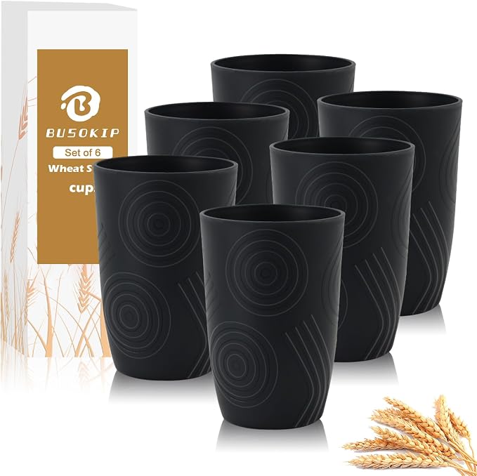 Wheat Straw Cups 6 Pcs, 16 OZ Plastic Drinking Cups, Unbreakable Plastic Drinking Glasses, Alternative to Plastic Cups Reusable, Dishwasher Safe Kitchen Cups for Party, Bathroom, RV (Black) by BUSOKIP