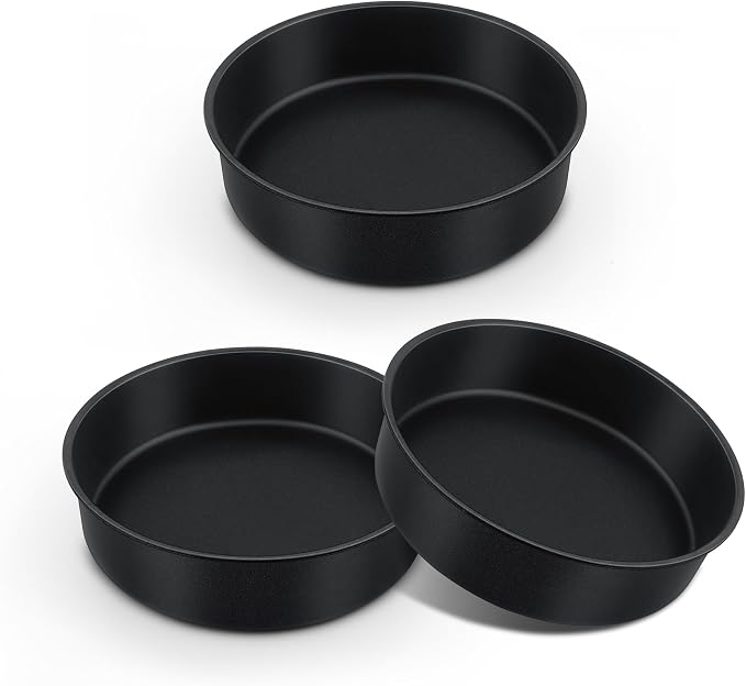 E-far 8 Inch Cake Pan Set of 3, Nonstick Round Baking Layer Cake Pans, Stainless Steel Core & Non-Toxic Coating, 2 Inch Deep (Black) by E-far