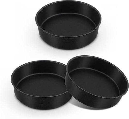 E-far 8 Inch Cake Pan Set of 3, Nonstick Round Baking Layer Cake Pans, Stainless Steel Core & Non-Toxic Coating, 2 Inch Deep (Black) by E-far