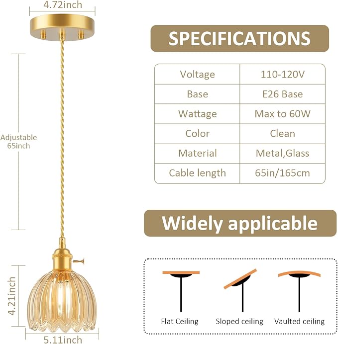 Ralbay Vintage Pendant Lights Kitchen Island,Amber Tulip Glass Shade,3Packs | Mini Pendant Light Fixture with Switch, Adjustable Brass Hanging Light for Bedroom, Dining Room, Hallway, Bar - Image 5