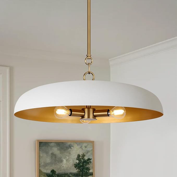 LamQee 20 Inch Oversized Large Pendant Lights, 3-Lights White and Gold Dome Chandelier, Mid Century Modern Metal Pendant Lighting Fixture Ceiling Hanging for Kitchen Island Dining Room Over Table Bar by LamQeeLights