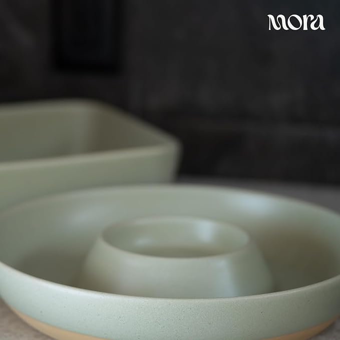 MORA Ceramic Chips and Dip Serving Tray: Large Divided Party Bowl Set for Chips & Salsa, Veggies & Dip, Fruit, Snacks, Entertaining, Hosting, etc. Minimalist Design for the Modern Hostess - Thyme - Image 6
