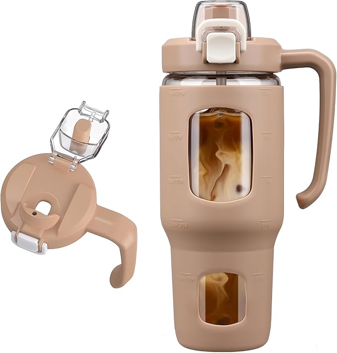 32oz Glass Tumbler with Straw Handle and 2-IN-1 Sip & Spout Lid, Reusable Iced Coffee Cup for Smoothie, Matcha, Leakproof Glass Water Bottle with Straw and Silicone Sleeve, BPA Free-Amber
