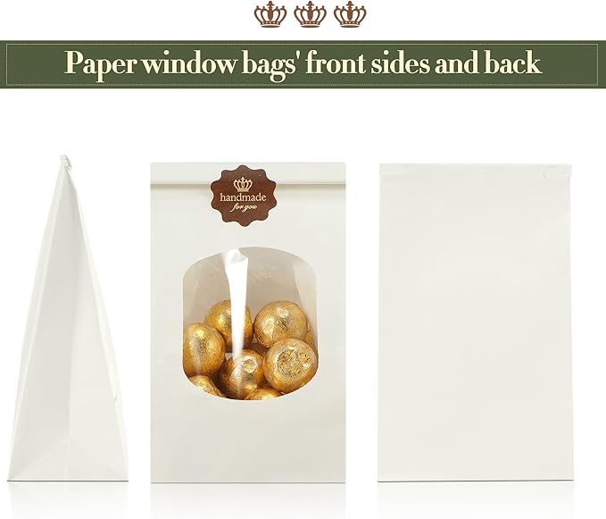 Tenare 50 Pieces Bakery Bag with Window Kraft Paper Bag 3.54 x 2.36 x 6.69" | Christmas Tin Tie Tab Lock and 60 Pieces Handmade Label Seal Stickers Window for Xmas Coffee Cookie Treat - Image 5