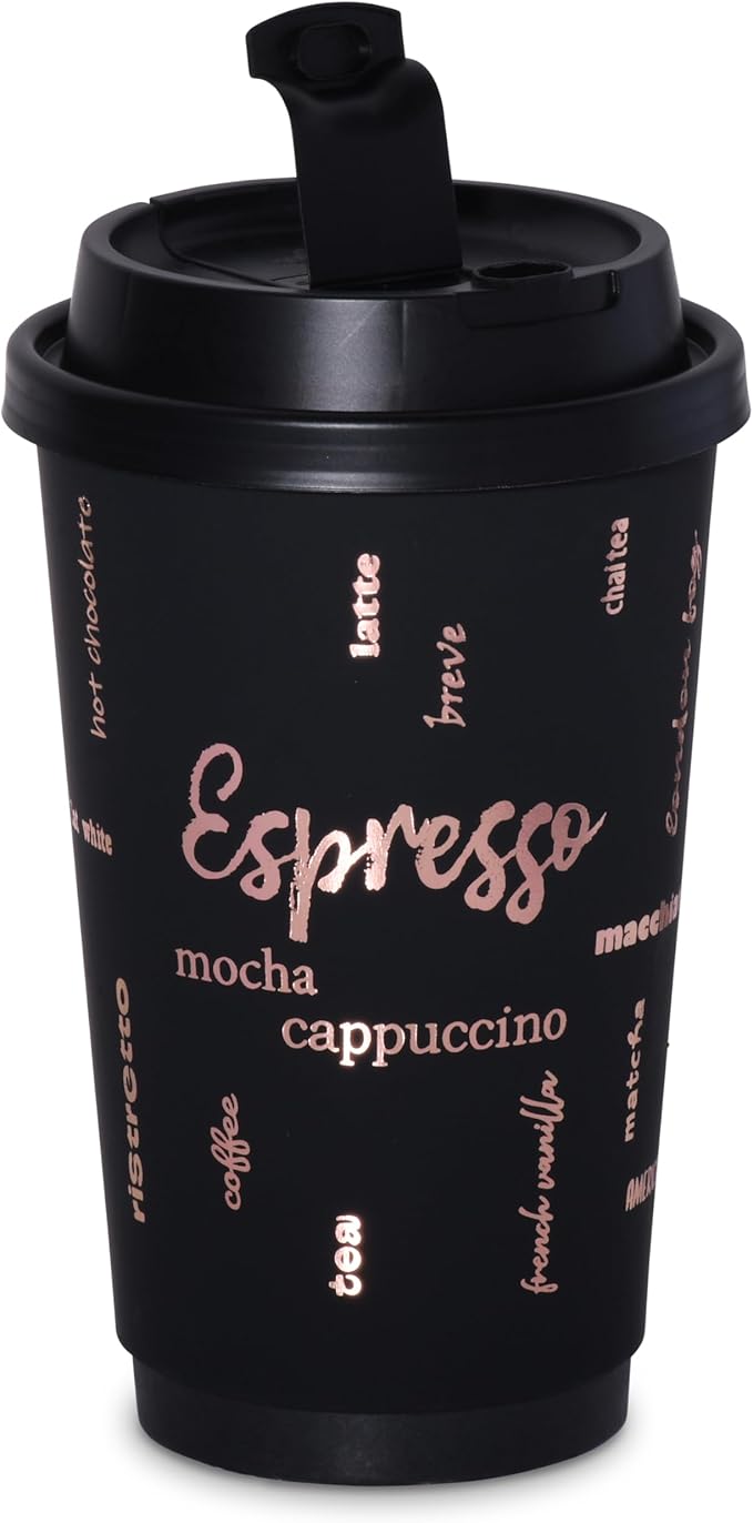 16oz Premium Disposable Coffee Cups, Double-Wall Insulated Paper Cups with Flip-Top Lids, No Sleeves Needed, To-Go Cups for Coffee, Tea, Hot Chocolate, Events, Rose Gold Print (Black, 60ct)