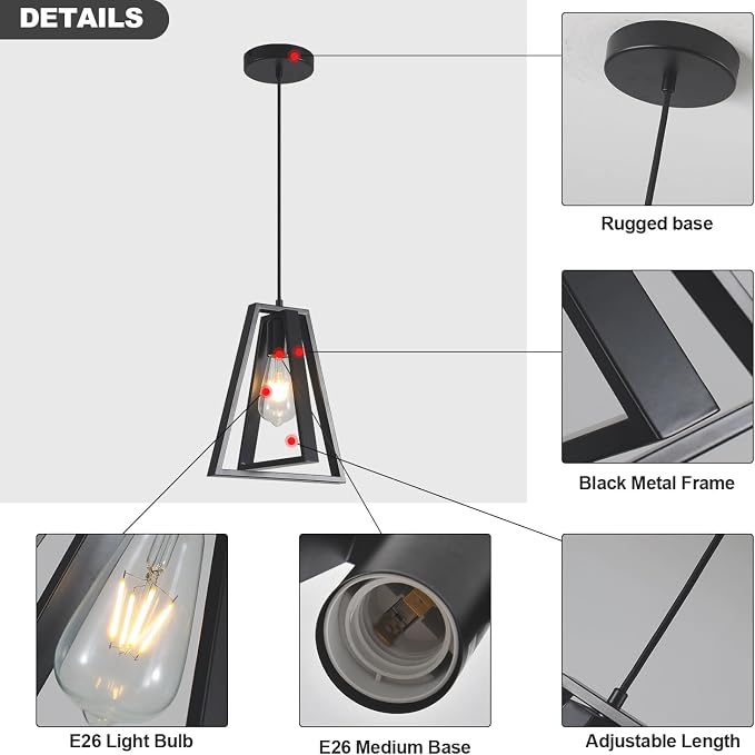 Black Farmhouse Pendant Light Kitchen Island Rustic Hanging Light Fixture Adjustable Height Metal Ceiling Pendant Lighting Mini Industrial Chandelier for Bedroom Entryway (1 Pack) - Image 5