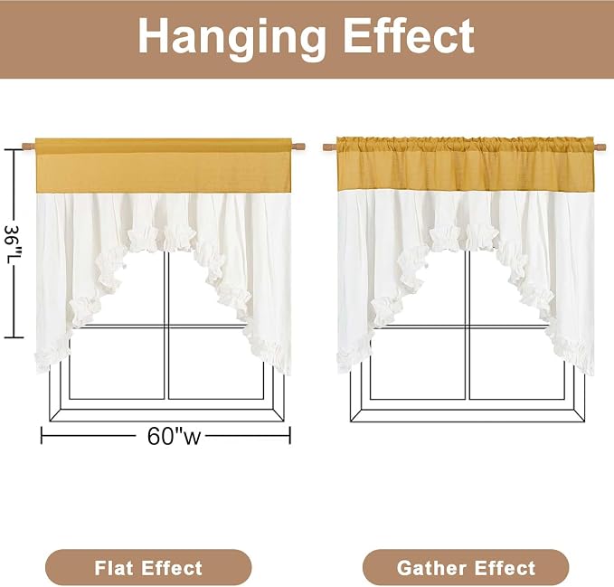 Likiyol Linen Valances for Windows Farmhouse Ruffle Swag Valance Rustic Country Window Valances Light Filtering Kitchen Curtains Rod Pocket Valance Curtains for Bathroom Cafe, Yellow White,60"W x 36"L - Image 3