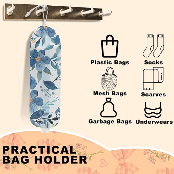 Watercolor Blue Flower Plastic Bag Holder, Wall Mount Grocery Bag Holder | Cottage Core Rustic Leaves Plastic Bag Holder, Reusable Grocery Bag Storage Dispenser, Farmhouse Kitchen Home Decor - Image 3