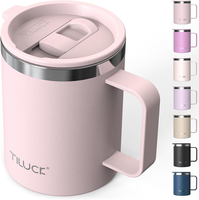 TILUCK 12 oz Insulated Coffee Mug with Lid and Handle | BPA-Free Lid, Double-Wall Vacuum Insulation, Stainless Steel Coffee Cup, Dishwasher Safe Mug for Hot & Cold Drinks, LightPink by TILUCKBringsGoodLuck