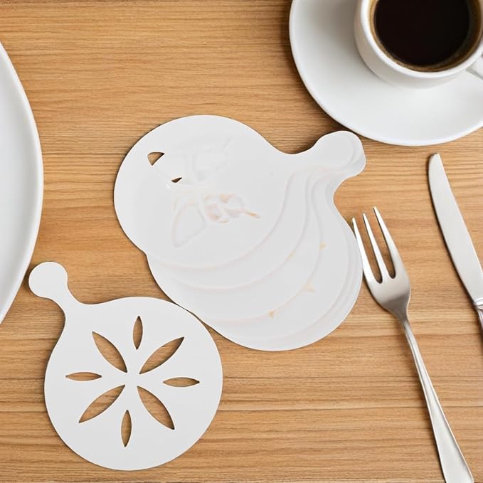 Cabilock 8Pcs Reusable Coffee Art Stencils Plastic Latte Decorating Templates for Cappuccino Cookie Cake Designs for Home Use
