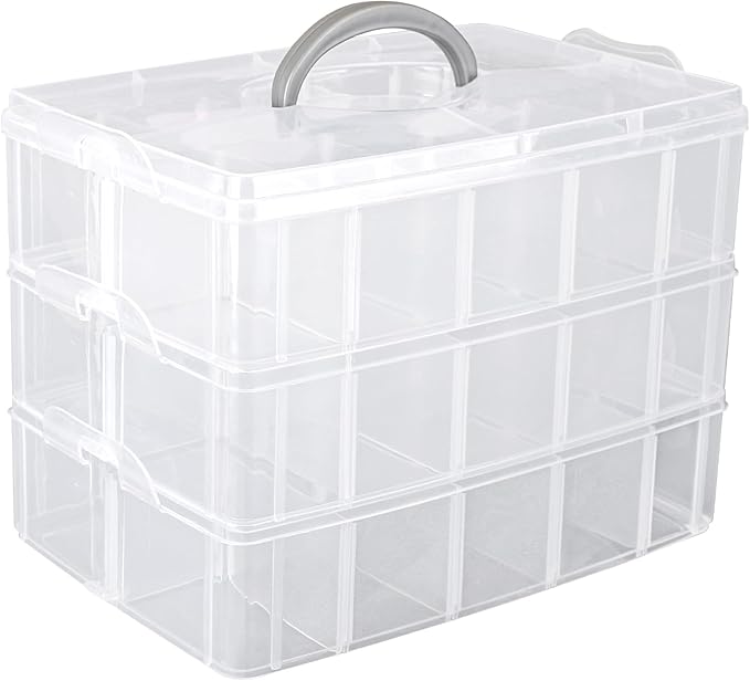 3-Tier Stackable Storage Container Box, Clear Adjustable Empty Plastic Nail Art Organizer Box with Handle & Lids, Fake Nail Organizers with 30 Compartment for Crafts, Art Supply Tool Accessory
