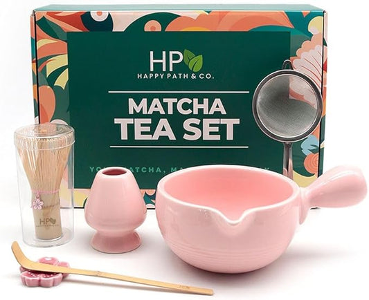 HAPPY PATH & CO Matcha Whisk Set | 6 Pcs Matcha Tea Set Includes Bamboo Whisk(Chasen) with Holder & Bowl with Spout, Sifter, Scoop & Stand - Perfect Matcha Kit Set for Matcha Lovers (Pink Blossom)