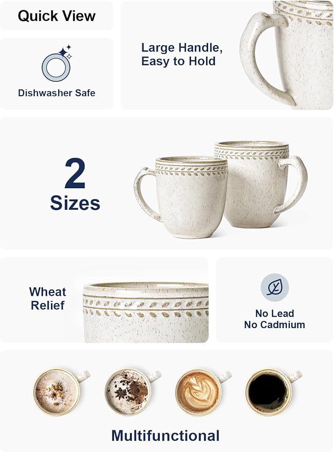 LE TAUCI Coffee Mugs 12 oz,Ceramic Mug Set, Embossment Cups for Espresso, Hot Tea, Cappuccino, Mocha, Cocoa,Suit For Housewarming Wedding- 3.6 inch, Set of 6, Birch - Image 4
