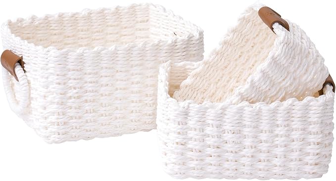 LA JOLIE MUSE Small Wicker Baskets for Organizing, White 3 Pack | Decorative Organizer with Vegan Leather Tag, Round Handle, Storage Baskets for Shelves, Bedroom, Kitchen, Office and Home by LaJol%C3%ADeMuse