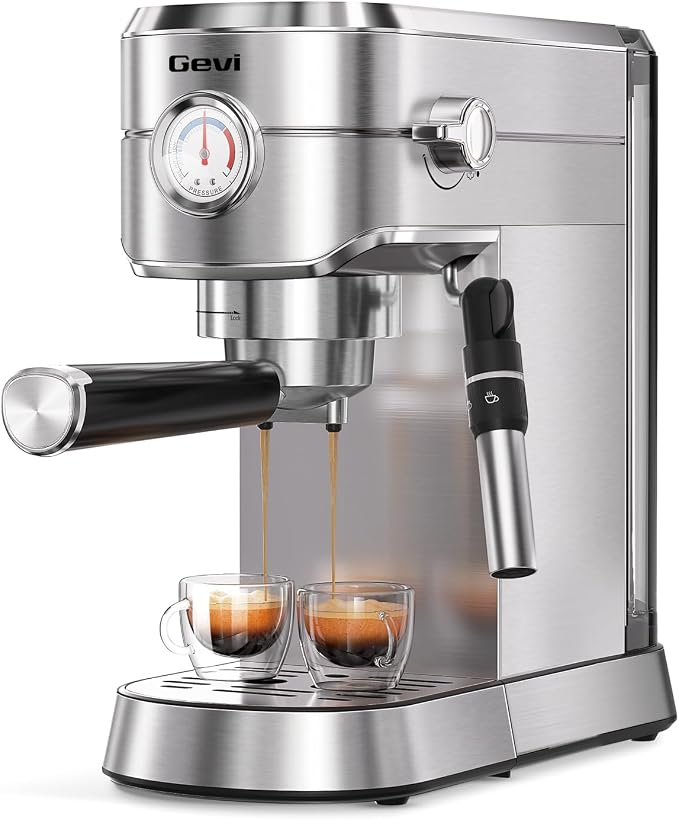 Gevi 20 Bar Espresso Machine with Milk Frother,Compatible with Pods&Ground | Compatible with Nespresso Pods&Ground; Built-in pressure gauge; Removable Water Tank; Make Americanos、Latte; Easy to Clean; by Gevi