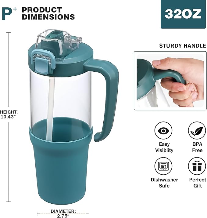 32 oz Glass Tumbler with Handle, 2-in-1 Straw and Sip Spout, Leakproof, BPA-Free Glass Water Bottle for Sports, Office, School, Peacock Blue