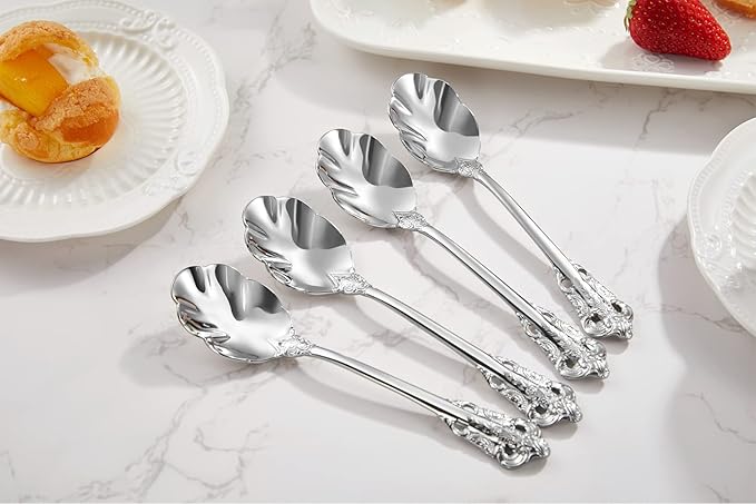 KEAWELL Premium Luxury 4-Piece 6" Tea Spoon Set, 18/10 Stainless Steel, Vintage Coffee Espresso Demitasse Spoons, Smooth Edges, Dishwasher Safe (Silver)