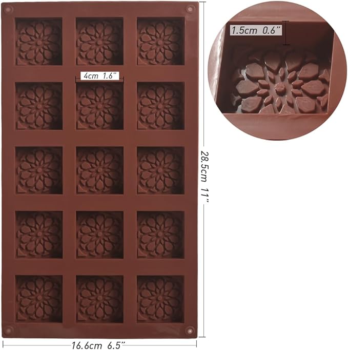 15 Cavities Square Silicone Molds, Non-Stick, Food Grade, Flexible, and Durable Molds for Baking, Soap Making, Candy, Dessert, Ice Cube and Crafts, Pack of 3