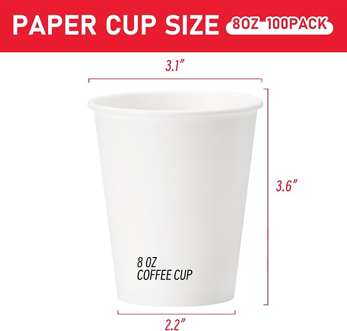100 Pack 8 oz Paper Cups, Disposable Coffee Cups, White Hot/Cold Beverage Drinking Cups for Water, Coffee, or Juice, Perfect for office, Party, Home - Image 2
