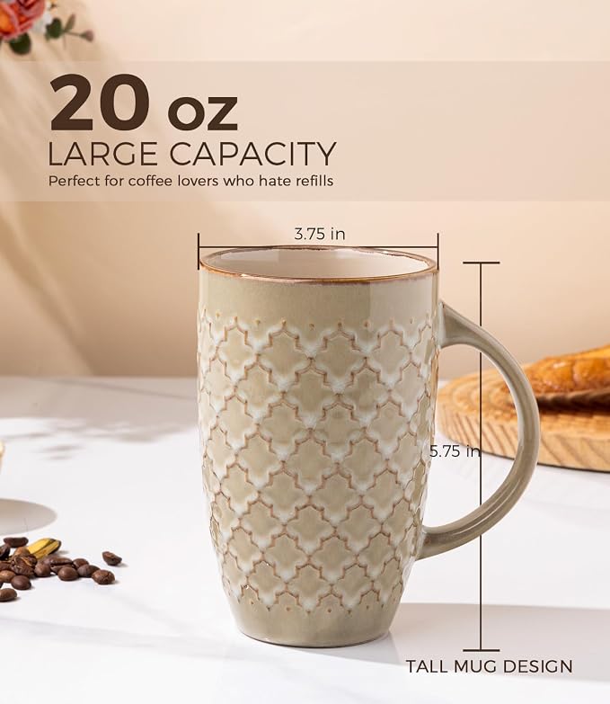 AmorArc Large Coffee Mugs Set of 6, 20oz Tall Coffee Mugs Set | with Texture Patterns for Cappuccino, Latte,Hot Cocoa, Dishwasher & Microwave Safe-Pale Khaki - Image 2