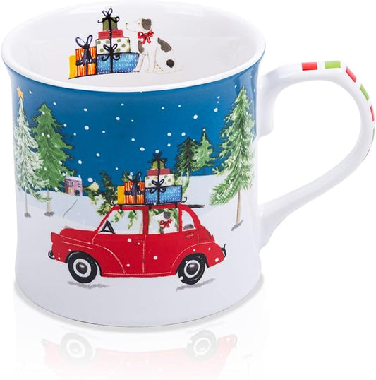 12 oz Christmas Car Coffee Mug, Festive New Bone China Mug with A Red Beetle in Snowy Winter Scene, Holiday Gift for Car Lovers, Kids & Family, Designed in England by Harvest Green Studio by MFoffice