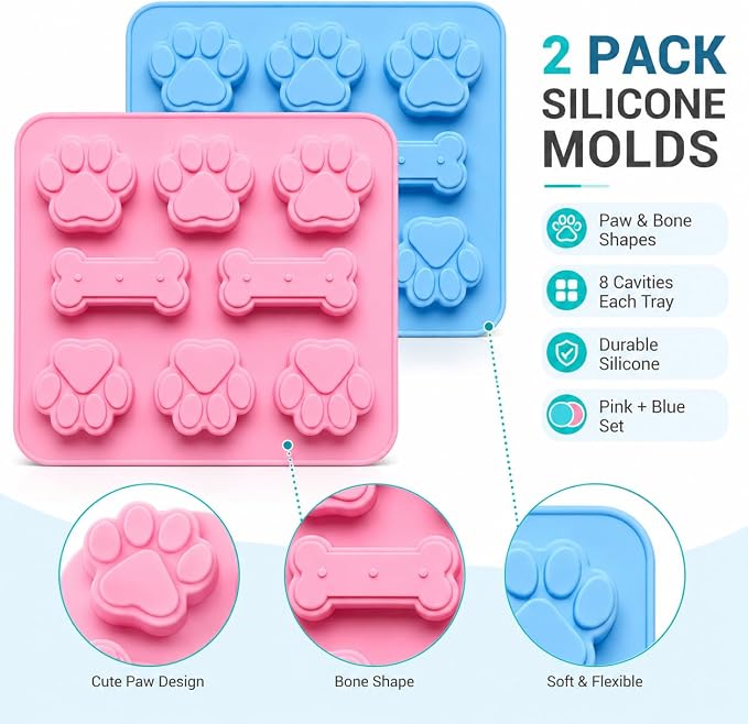 2 Pcs Dog Treat Molds Silicone with Puppy Dog Paw and Bone Shaped 2 in 1，Easy Release – Non-Stick Molds for Homemade Dog Treats, Pudding, Peanut Butter & Baking Biscuits - Image 3