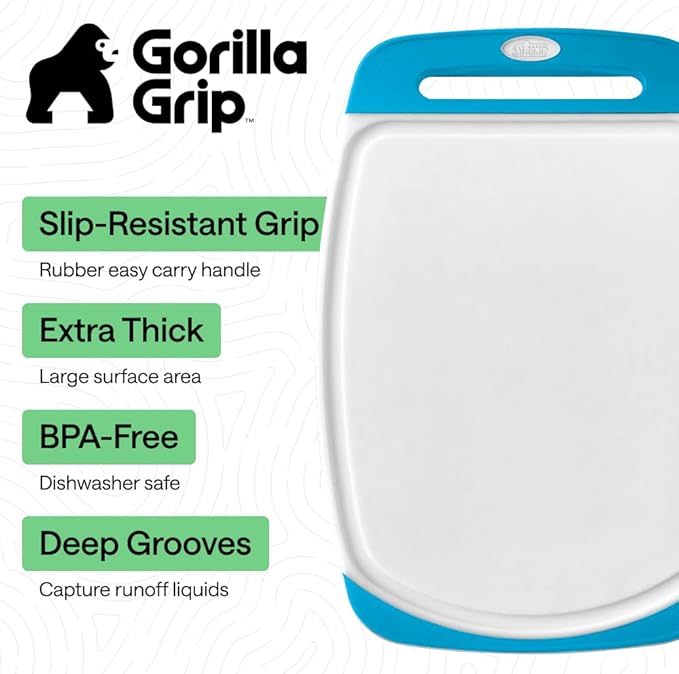 GORILLA GRIP BPA-Free Reversible Kitchen Cutting Board Set of 3, US Designed, Nonporous, Juice Grooves Catch Liquid, Slip Resistant Border, Dishwasher Safe Large Food Chopping Boards, Black Aqua Gray - Image 2