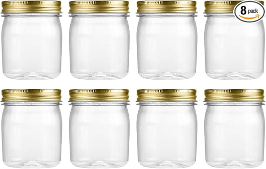 novelinks 8 oz Plastic Mason Jars and Clear Plastic Jars with Lids 8 oz | 8 Pack, Gold, Plastic Containers with Lids, Small Mason Jars, Clear Jars Bulk, Spice Jars, Slime Jars, Mini Jars by novelinks