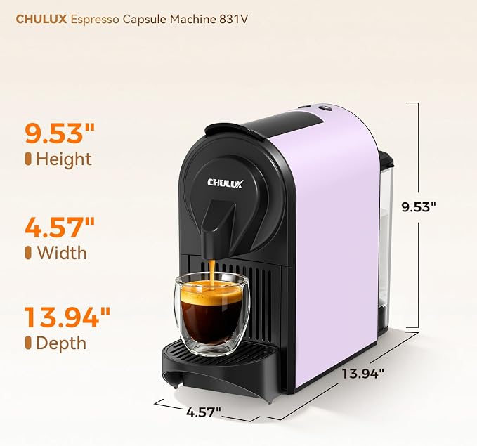 CHULUX Bafè-Pro 20Bar Espresso Coffee Machine for Fast Extraction, Lavender | 1400W Rapid Heating, Espresso Lungo Buttons, Used Capsule Drawer, Auto-Eject System, 24oz Removable Reservoir, Mini Footprint - Image 7