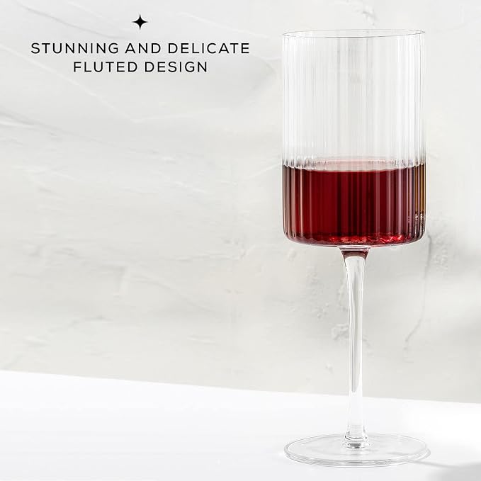JoyJolt Elle Fluted Wine Glasses, 17.5oz Red Wine Glass Set of 2, Unique Stemmed Glass, Big Long Stem Cocktail Vintage Style Drinking Glasses - Image 5