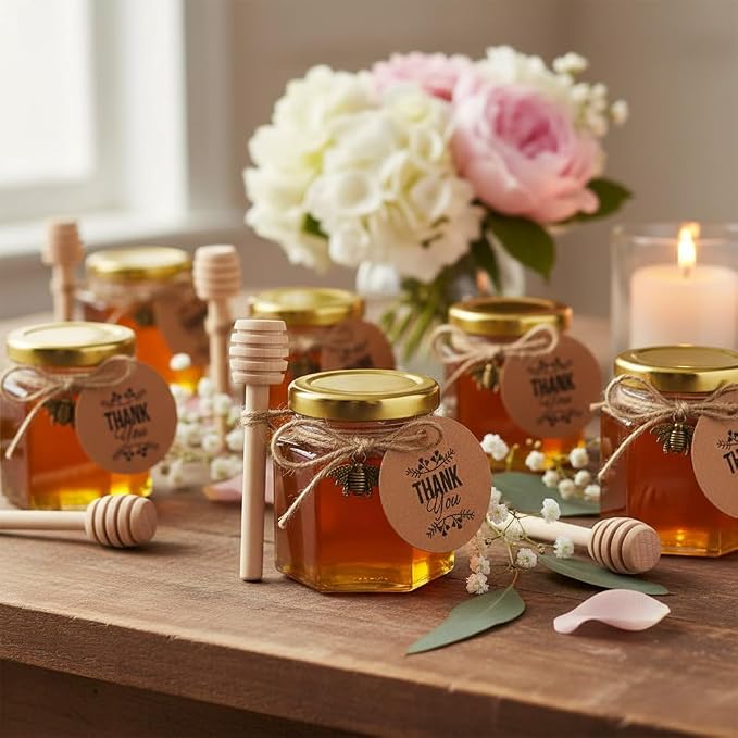 Adabocute Honey Pot 2oz, Mini Glass Honey Jars with Wood Dipper, Gold Lid, Bee Pendants, Beige Gift Bags, Thank-you Tags, Ideal for Baby Showers Favors Wedding Favors, 15 Pack - Image 3