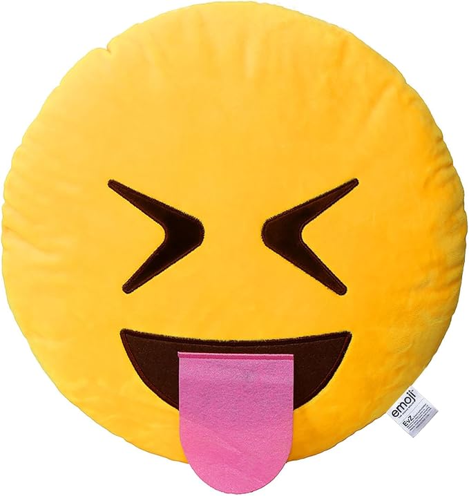 EvZ Official Certified Exciting Emoji Pillow - 32cm Large Soft Plush Smiley Face Winking Tongue Emoticon Cushion - Fun Decorative Stuffed Toy for Party Favors, Kids Playroom & Birthday Gift (Yellow) by EvZ