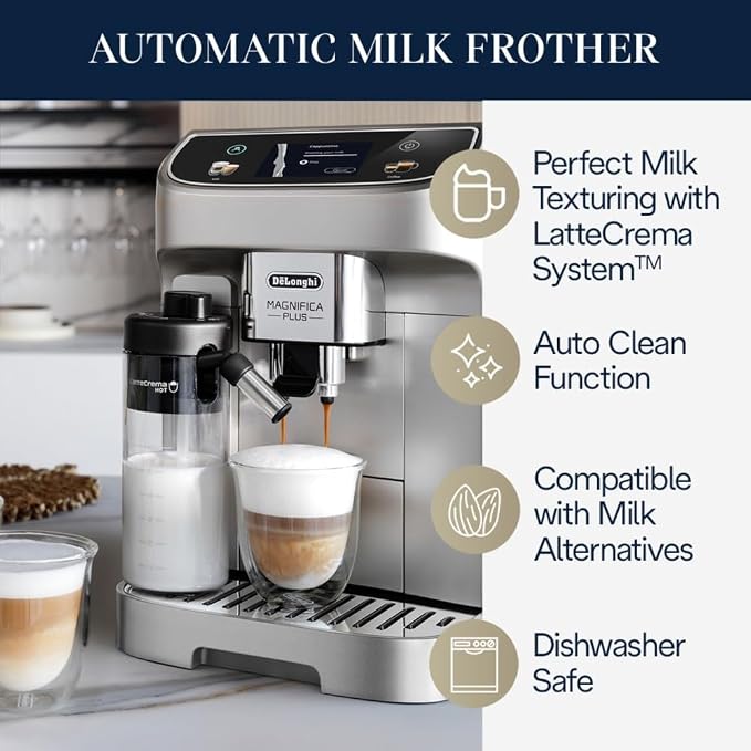 De'Longhi Magnifica Plus Automatic Espresso Machine, Milk Frother, Silver | #1 Worldwide Espresso Machine Maker, 18 One-Touch Recipes, Frother, Built-In Grinder, 4 User Profiles - Image 2
