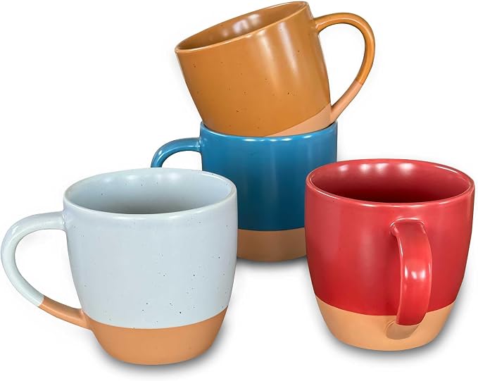 Mora Ceramic Artisan Matte Large Latte Mug Set of 4, 16oz - Microwavable, Porcelain Coffee Cups With Big Handle - Modern, Boho, Unique Style For Any Kitchen. Microwave Safe Stoneware - Marina Colors by MORA