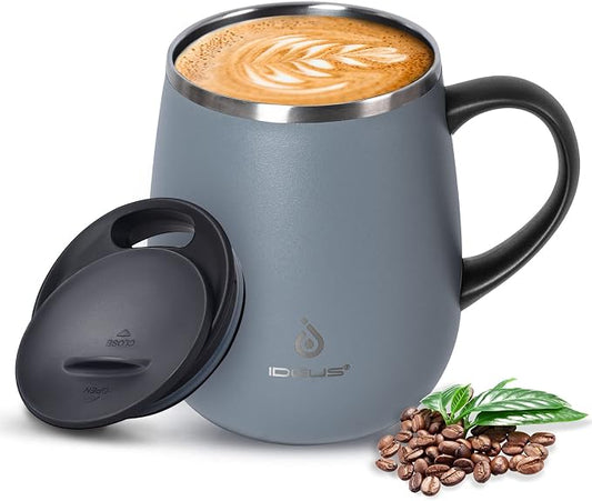 Ideus 16 oz (470 ml) Insulated Coffee Mug with Handle and Lid, Double Wall Stainless Steel Vacuum Thermal Coffee Mug, Travel Coffee Cup Thermal Cup for Home and Office (Ultimate Gray) by IDEUS