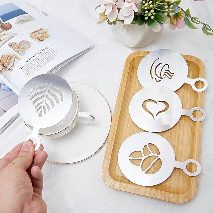GORGECRAFT 4 Styles Coffee Latte Decorating Stencils Stainless Steel Chocolate Heart Leaf Metal Cookie Cocktail Stencils Barista Cappuccino Tools Foam Art Templates for Cup Cake Birthday Cake