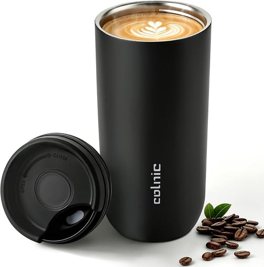 16 oz Travel Coffee Mug with Twist-Open Lid, Leak Proof Coffee Travel Mug, Insulated Tumbler Stainless Steel Coffee Cup For Hot And Iced Cold, Spill Proof Fits Cup Holder (Black) by WelcomeToColnic