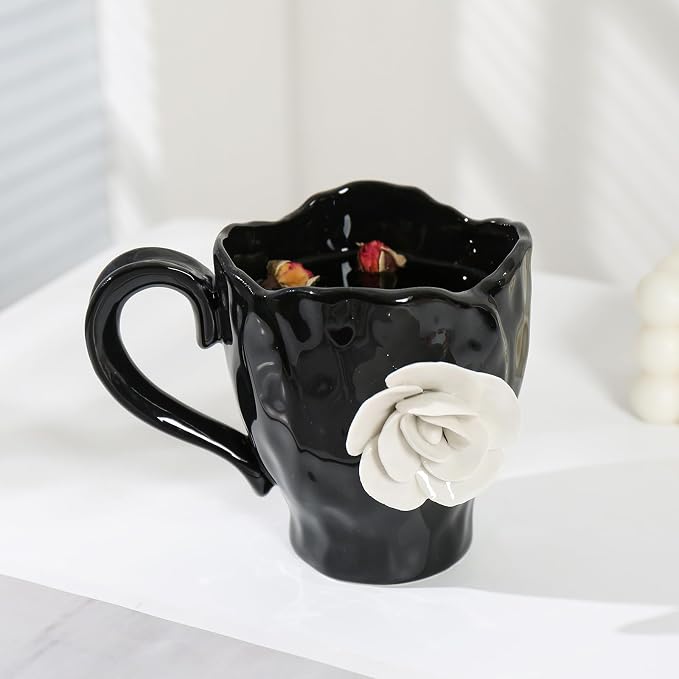 Ceramic Cute Coffee Cups, Handmade Flower Tea Mugs, Gifts for Milk Coffee Tea Lovers 11OZ - Image 3